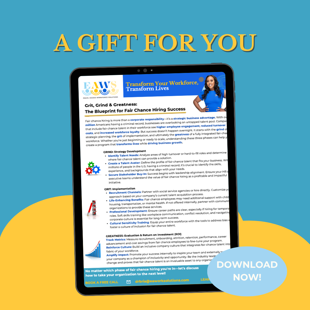 A digital flyer titled "A GIFT FOR YOU" offering a downloadable resource on fair chance hiring success, featuring a tablet displaying the content, with a blue and yellow background and a blue button with "DOWNLOAD NOW!" text.