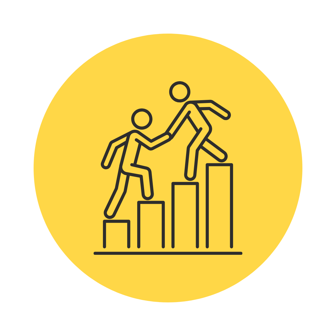 Illustration of two stick figures climbing ascending bar graphs, symbolizing teamwork and progress, set within a yellow circle.