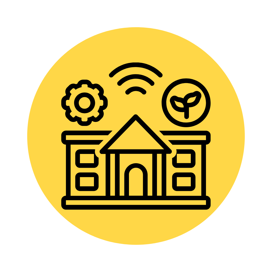 Icon of a building connected to Wi-Fi, with a gear and a leaf symbol indicating technology and sustainability, on a yellow circular background.