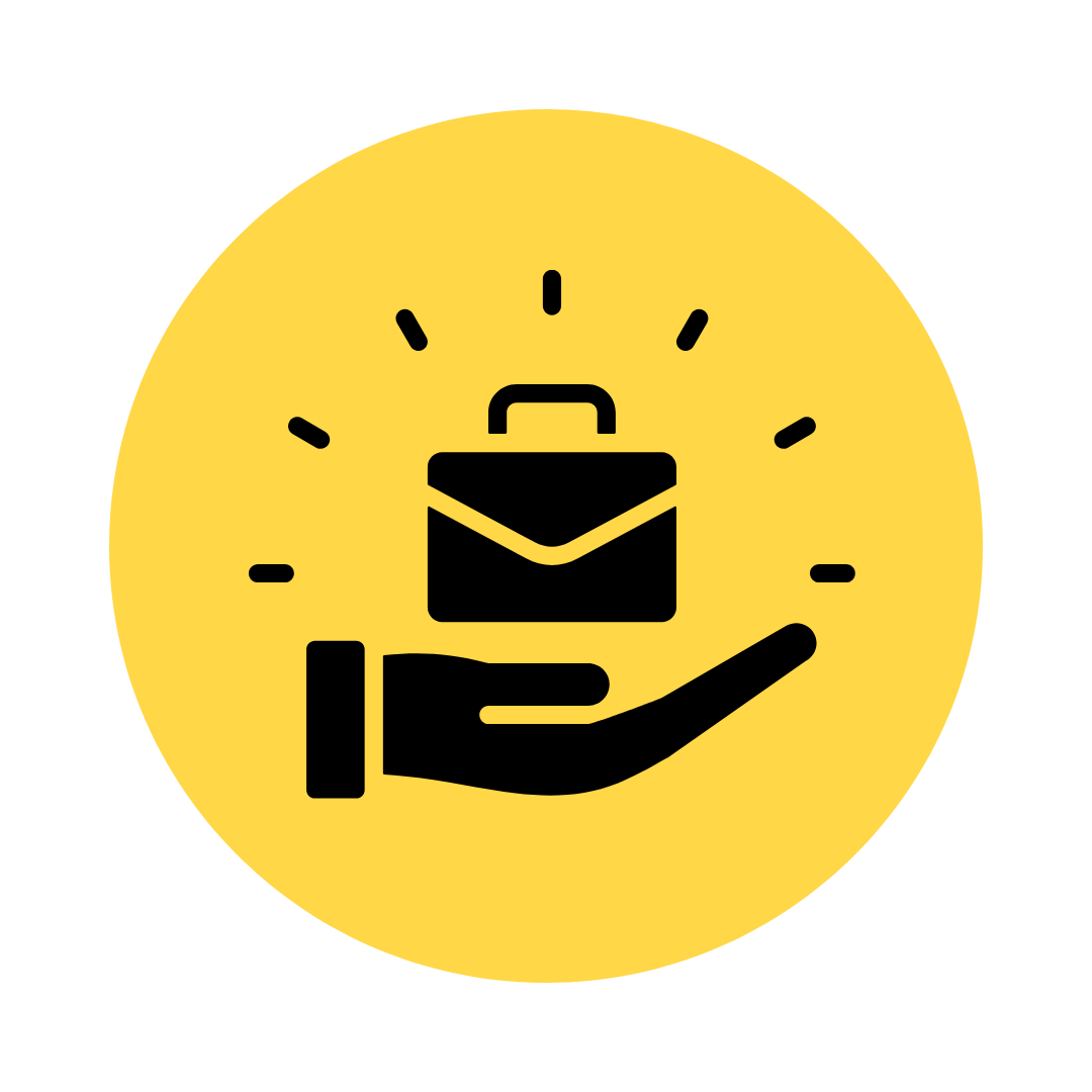 A graphic icon of a hand holding a briefcase, with a clock in the background.