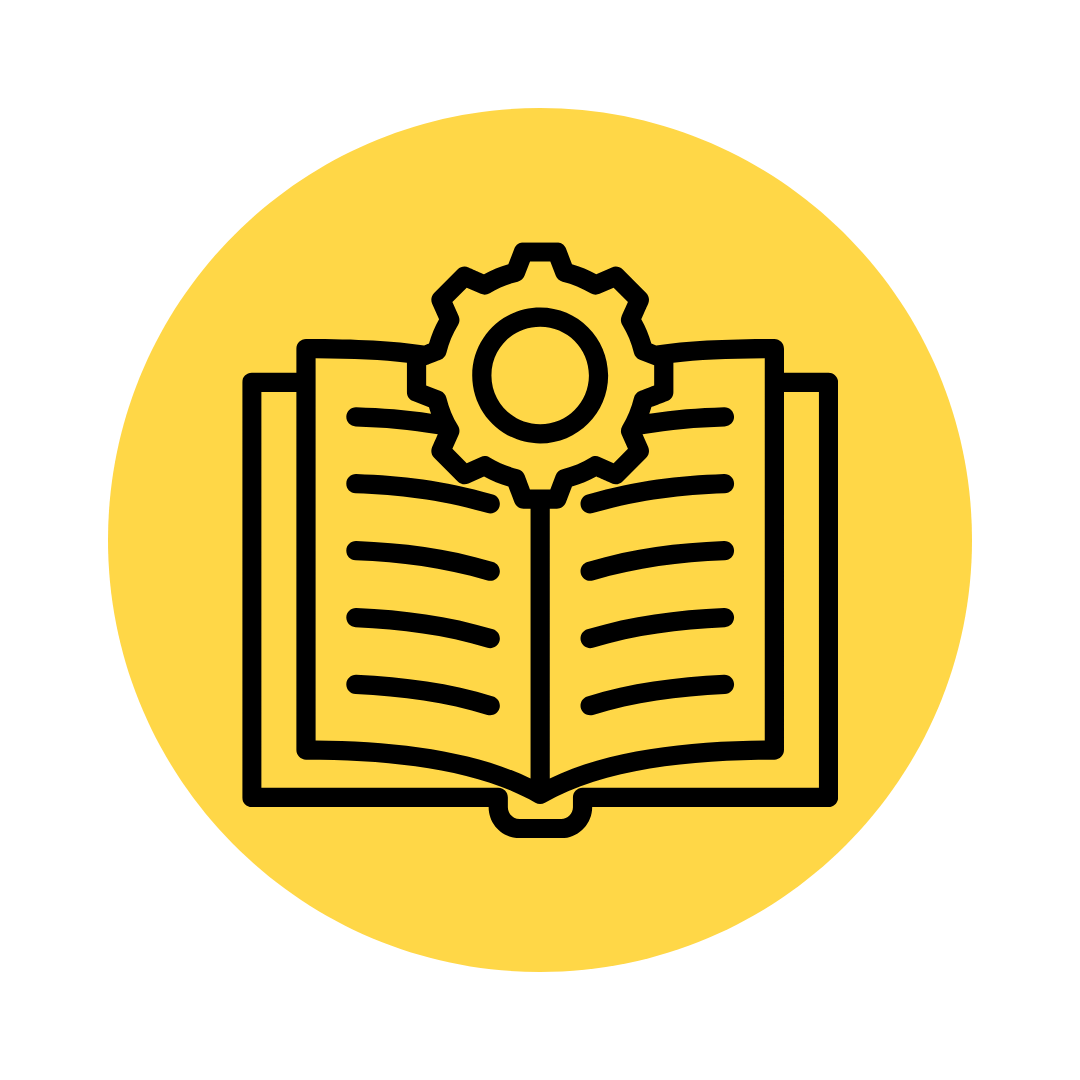 Outline of an open book with a gear on top, inside a yellow circle.