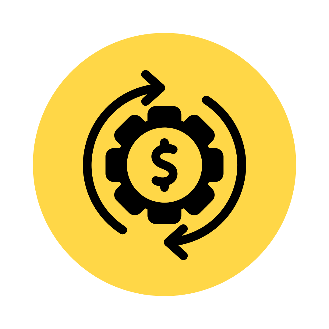 Icon of a gear with a dollar sign in the center, surrounded by two circular arrows, on a yellow circular background representing financial or economic cycle.