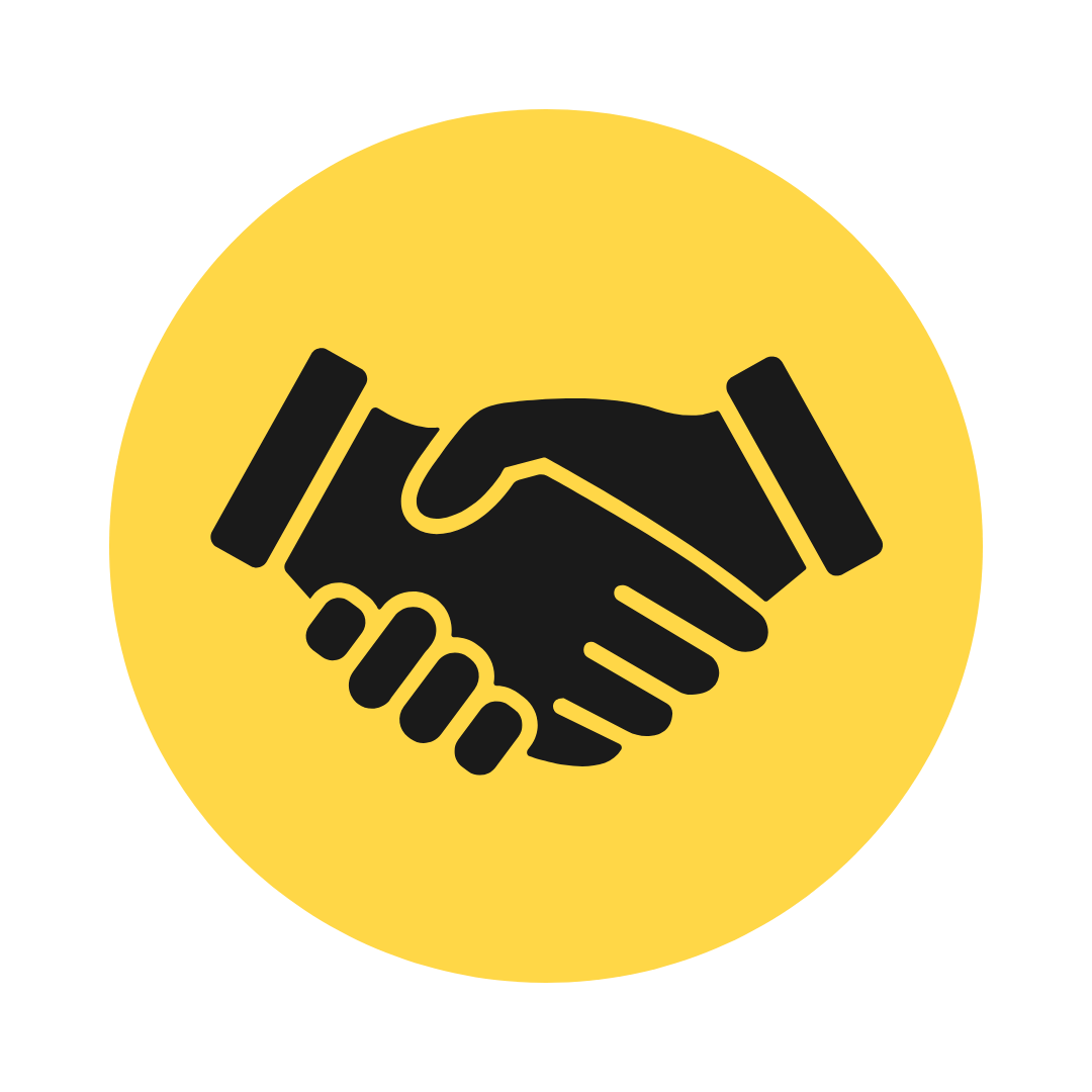 Black handshake icon inside a yellow circle