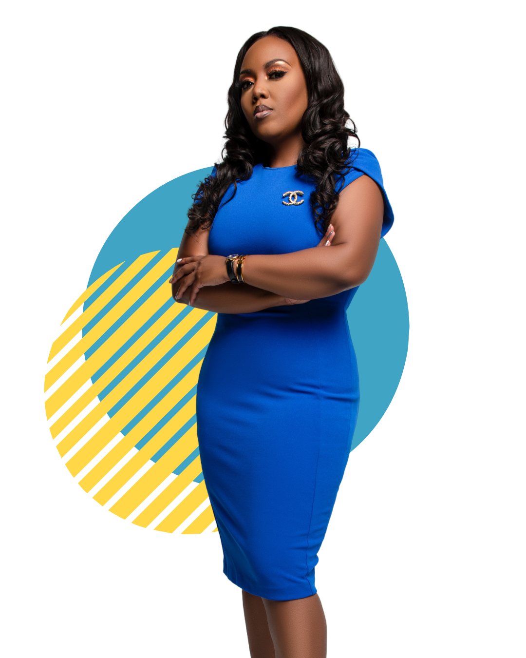A woman with long black curly hair dressed in a fitted blue dress with a Chanel logo pin, standing with arms crossed in front of a graphic background.