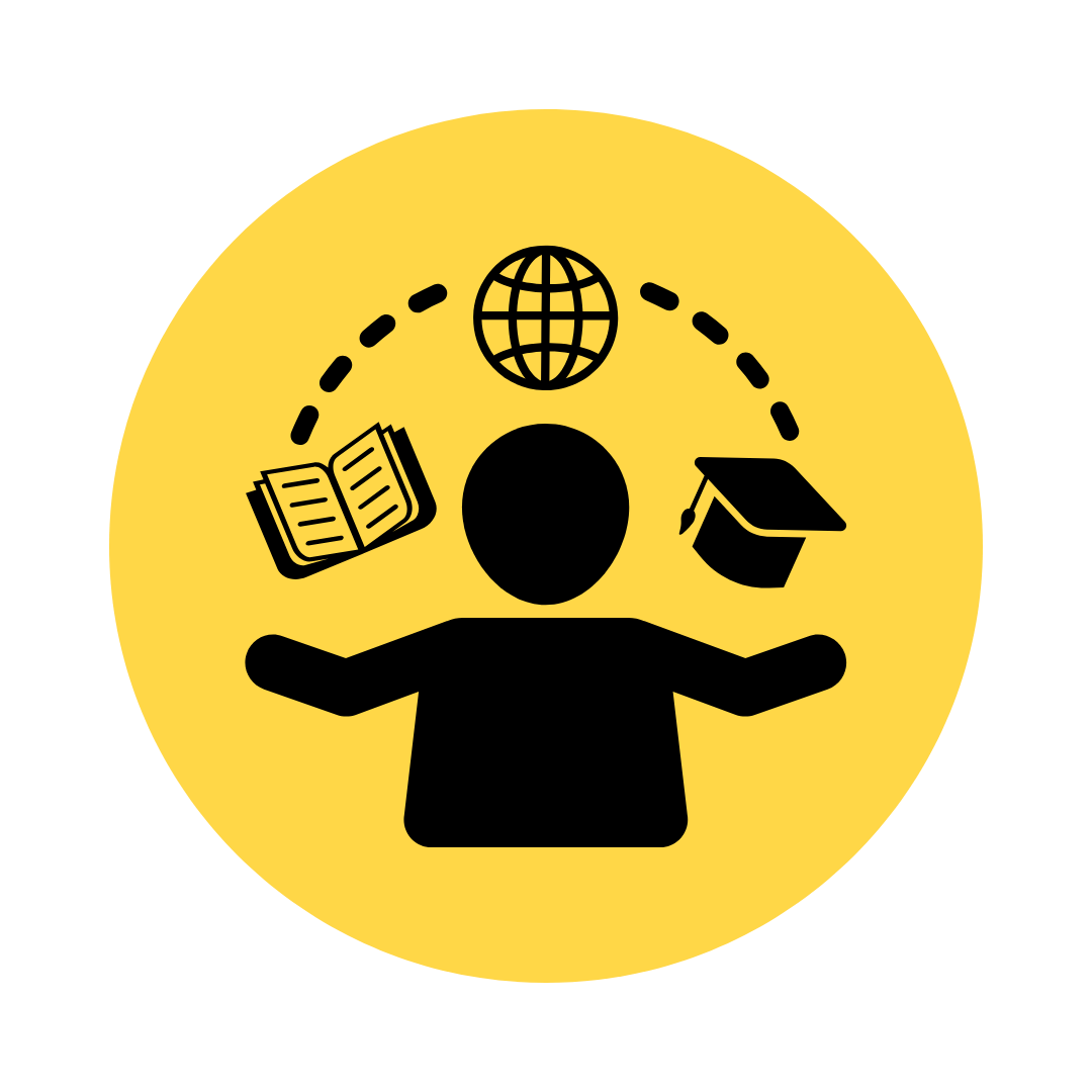 Icon of a person with a globe, open book, and graduation cap around their head representing education and global learning.