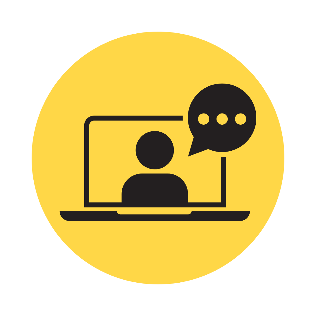 Icon of a person on a computer screen with a chat bubble, representing online communication or virtual conversation.