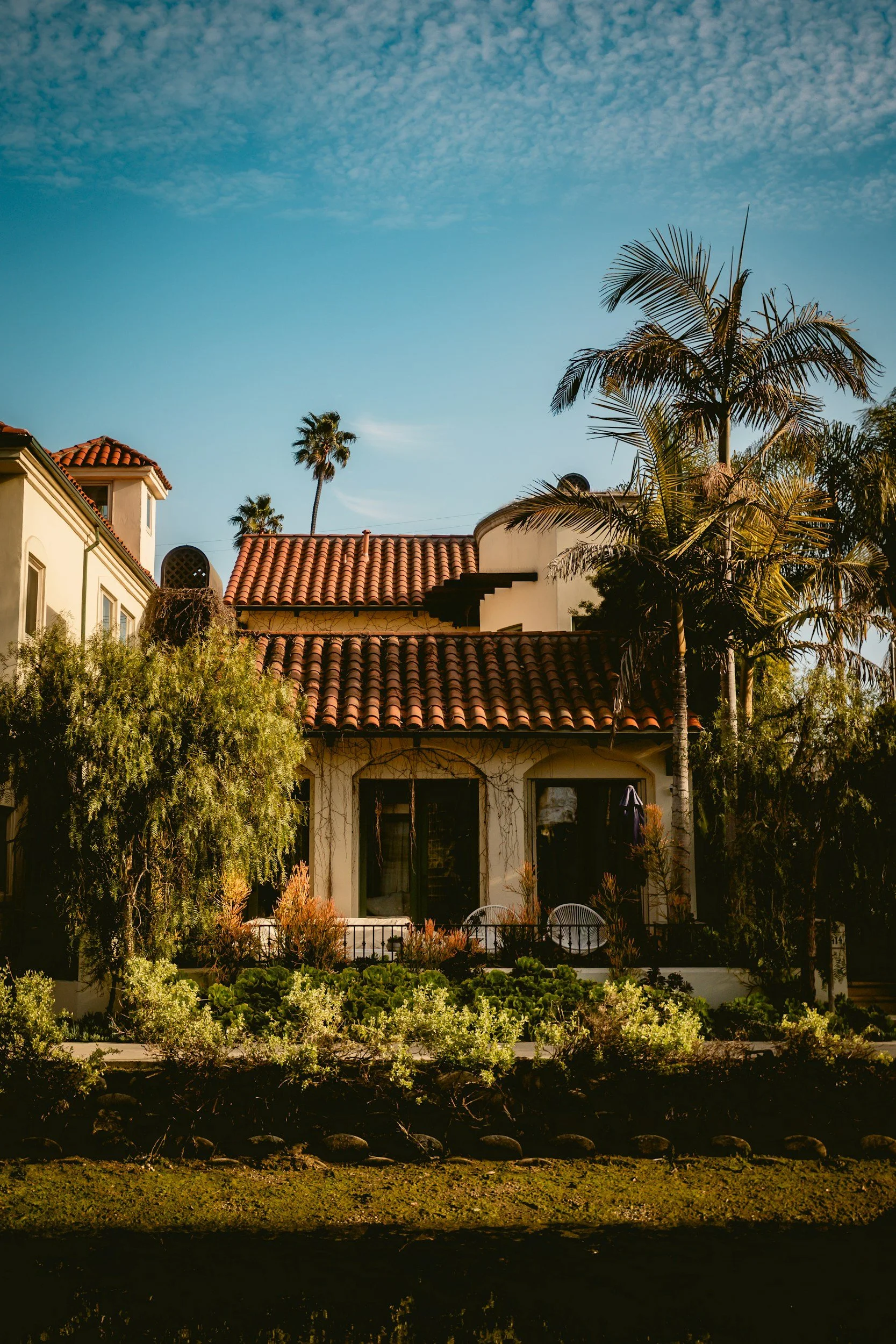 A house with a red-tiled roof surrounded by palm trees and greenery, with a cheerful blue sky overhead.