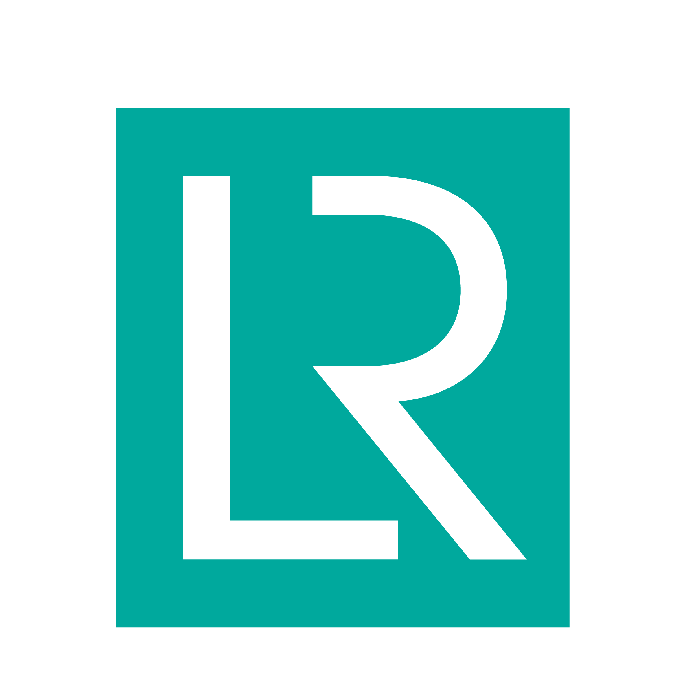 Teal square with black stylized letter R