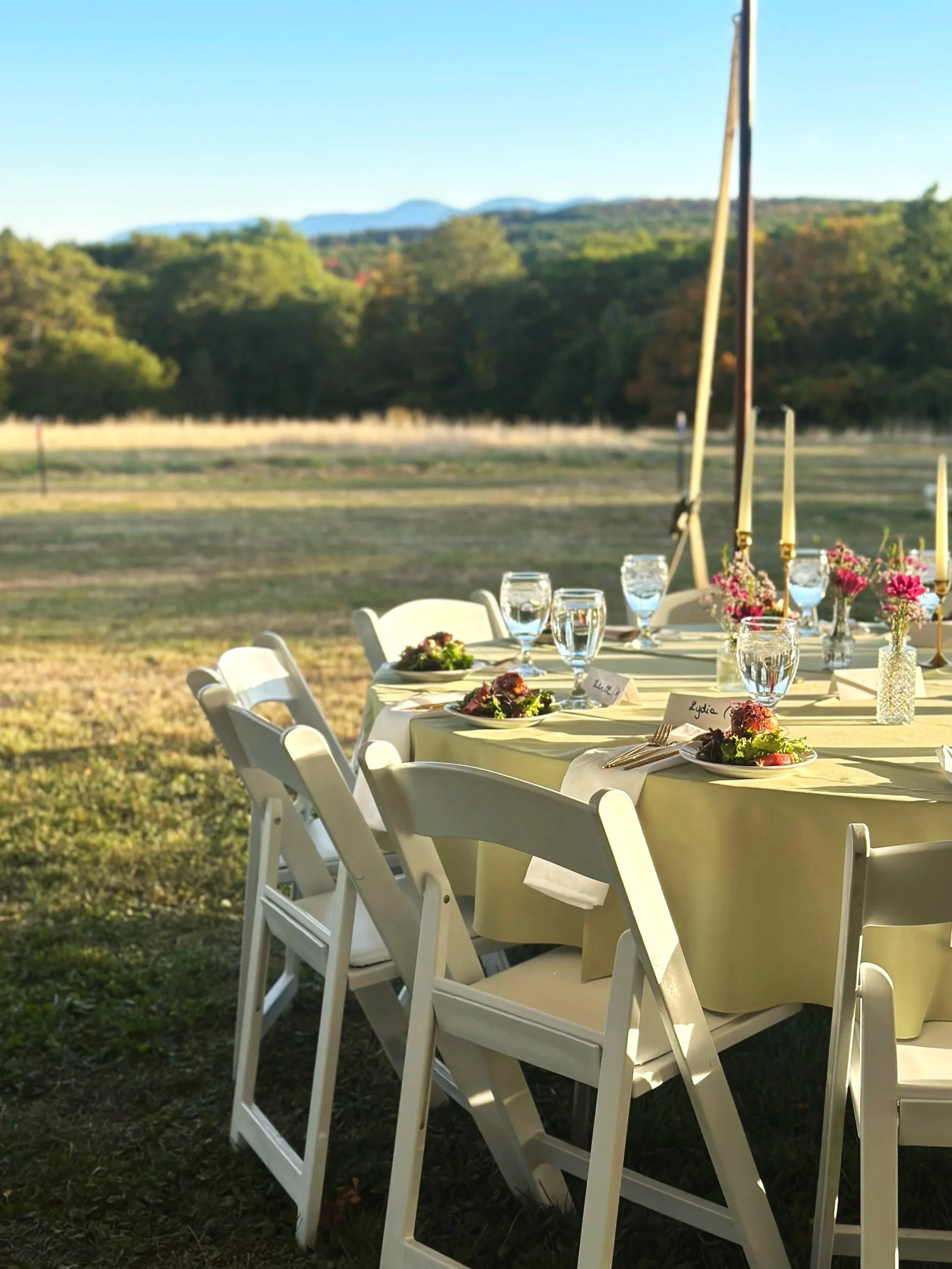 Outdoor event setup with beige tables, white chairs, plates with food, glasses, flowers, and candles, with a scenic mountain and tree background under a clear blue sky.