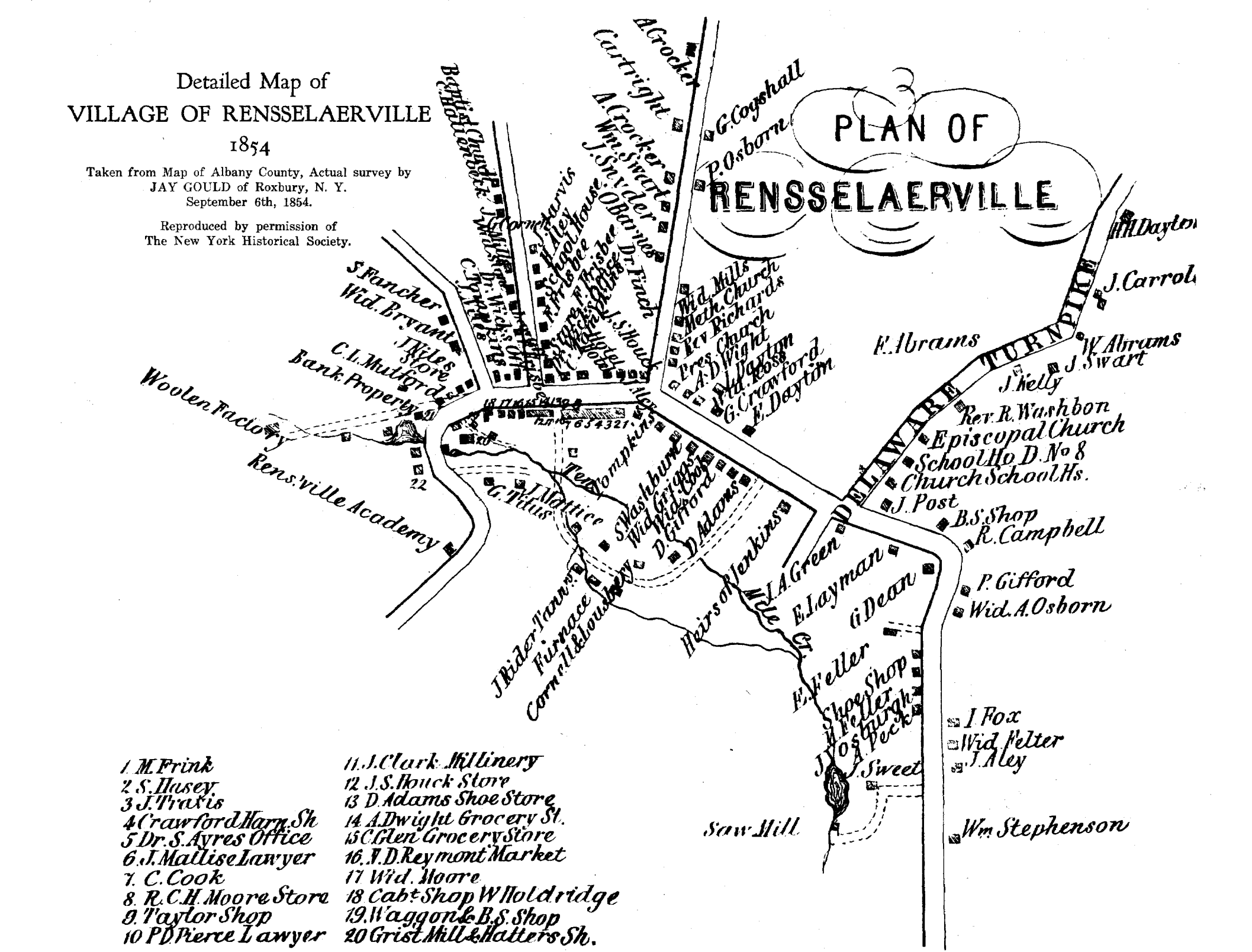 A detailed map of Rensselaerville village from 1854, showing streets, property plots, landmarks, and buildings with labels, originating from a survey by Jay Gould of Roxbury, New York.