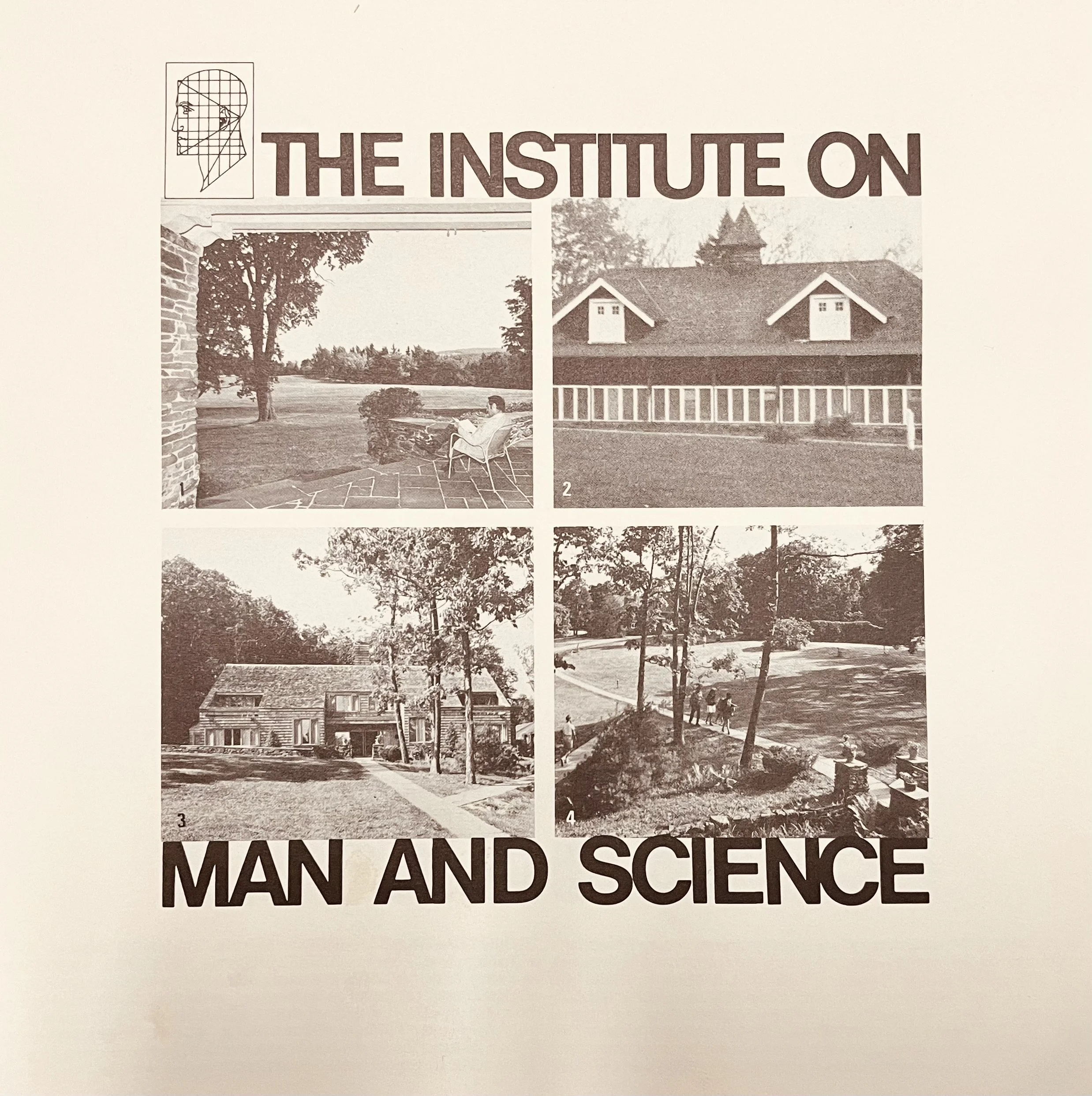 A vintage poster titled 'The Institute On Man and Science' featuring four black-and-white photographs of buildings and outdoor scenes, with a small illustration of a human head in the top left corner.