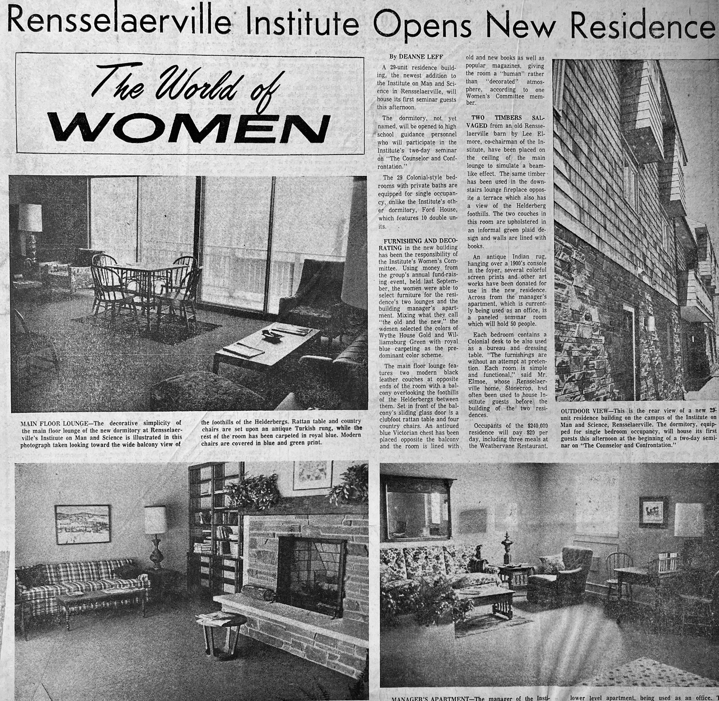 Black and white newspaper page with the headline "Rensselaerville Institute Opens New Residence". The page features three photographs of different rooms in the new residence: a main floor lounge with a table and chairs, a manager's apartment with a brick fireplace and furniture, and an outdoor view of the residence building. The text describes the furnishings, decor, and features of the residence.
