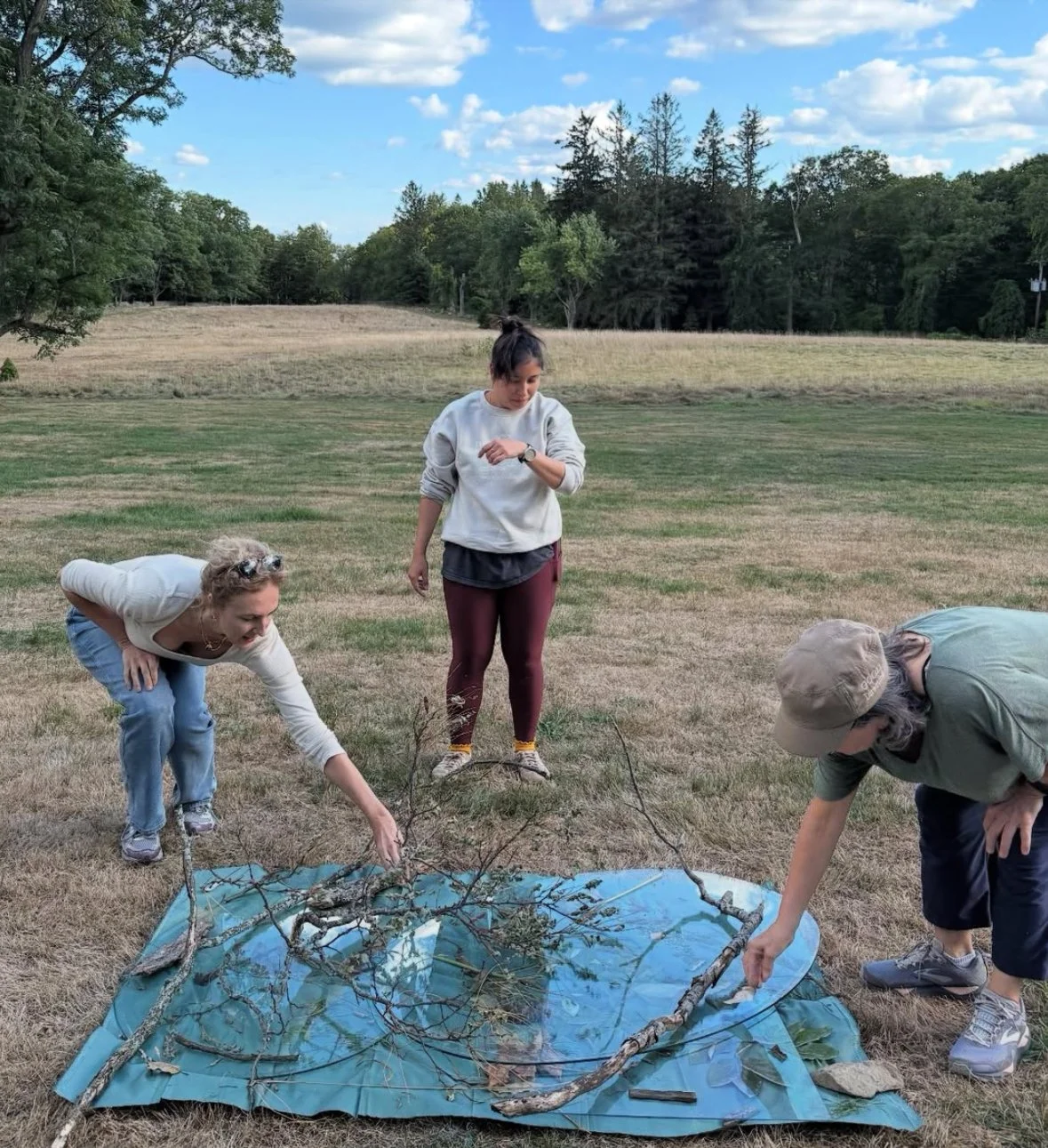 People examining a small, makeshift structure made of branches on a blue tarp outdoors in a grassy field.