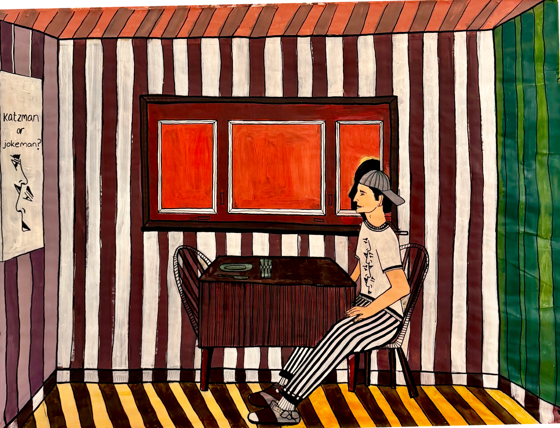 A painting of a woman sitting at a table in a room with striped walls and ceiling, with a sign on the wall that reads 'Katzman or jokeman?'