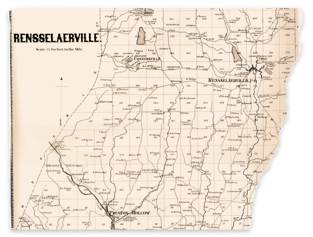 Historical map of Rensselaerville, showing roads, property boundaries, and landmarks in black and white.