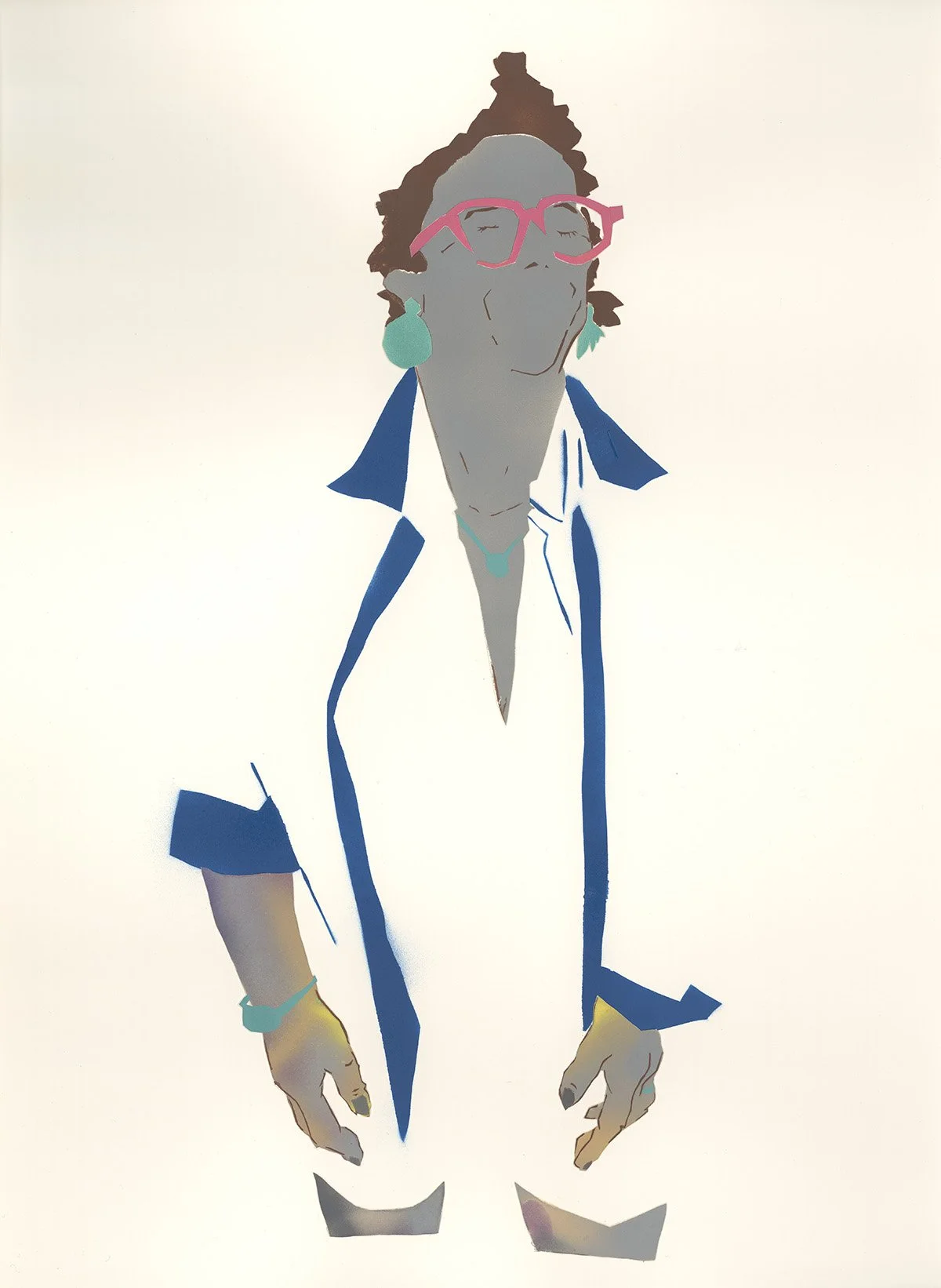 A stylized illustration of a woman with brown hair, pink glasses, teal earrings, wearing a white shirt with a blue jacket and pants, and jewelry, standing with her eyes closed against a plain white background.