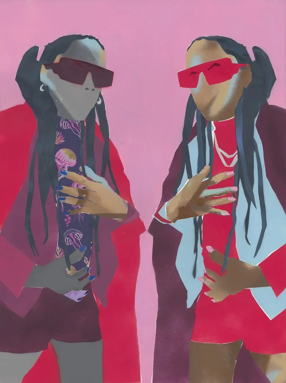 Stylized digital illustration of two women with dark braided hair, wearing large red sunglasses, fashionable clothing, and striking nail polish, standing against a pink background.