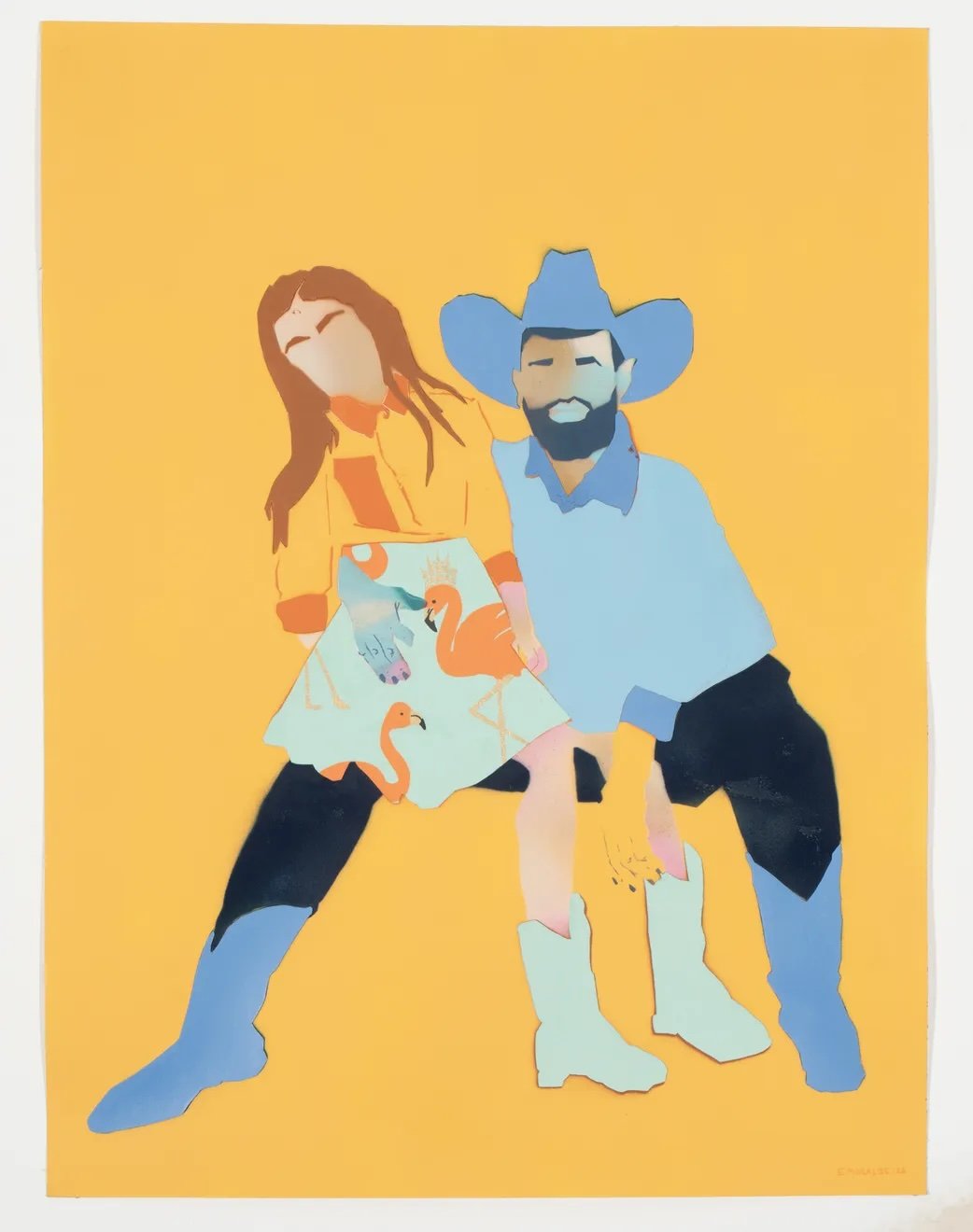A colorful illustration of a man and woman with a bright yellow background. The woman is wearing a skirt with flamingo and swan patterns, and the man is wearing a large blue cowboy hat and boots.