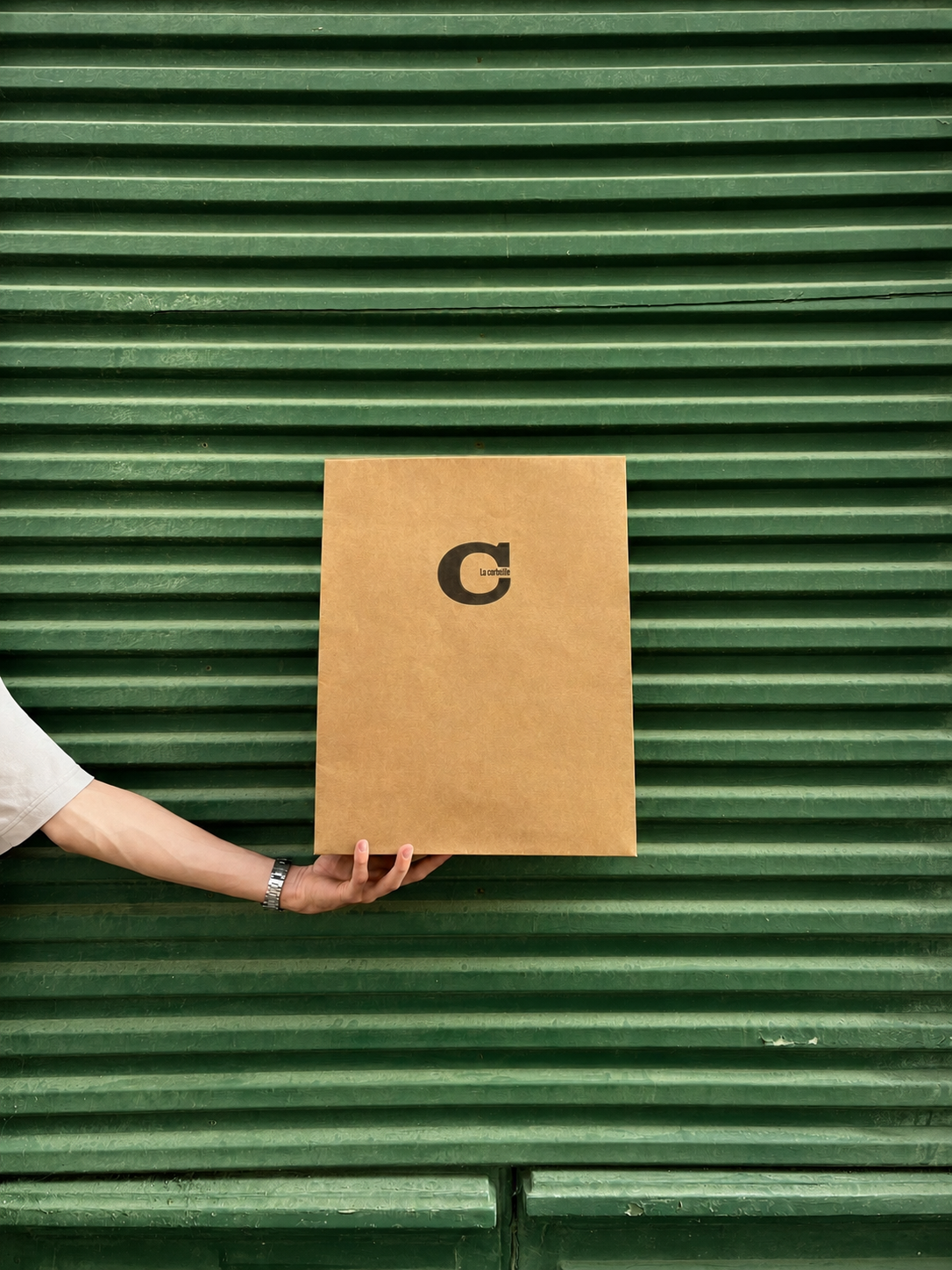 A person holding a brown cardboard box with a black letter 'G' on the front, in front of a green, horizontally ribbed garage door.
