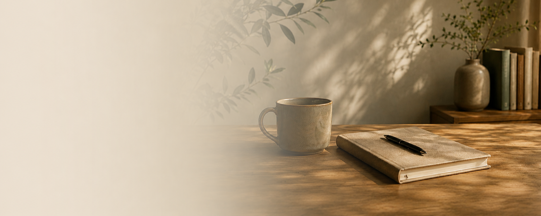 Een houten bureau met een beige koffiemok, een grijze notitieboek en een zwarte pen. Op de achtergrond een vaas met groene takken en een boekenplank met boeken.