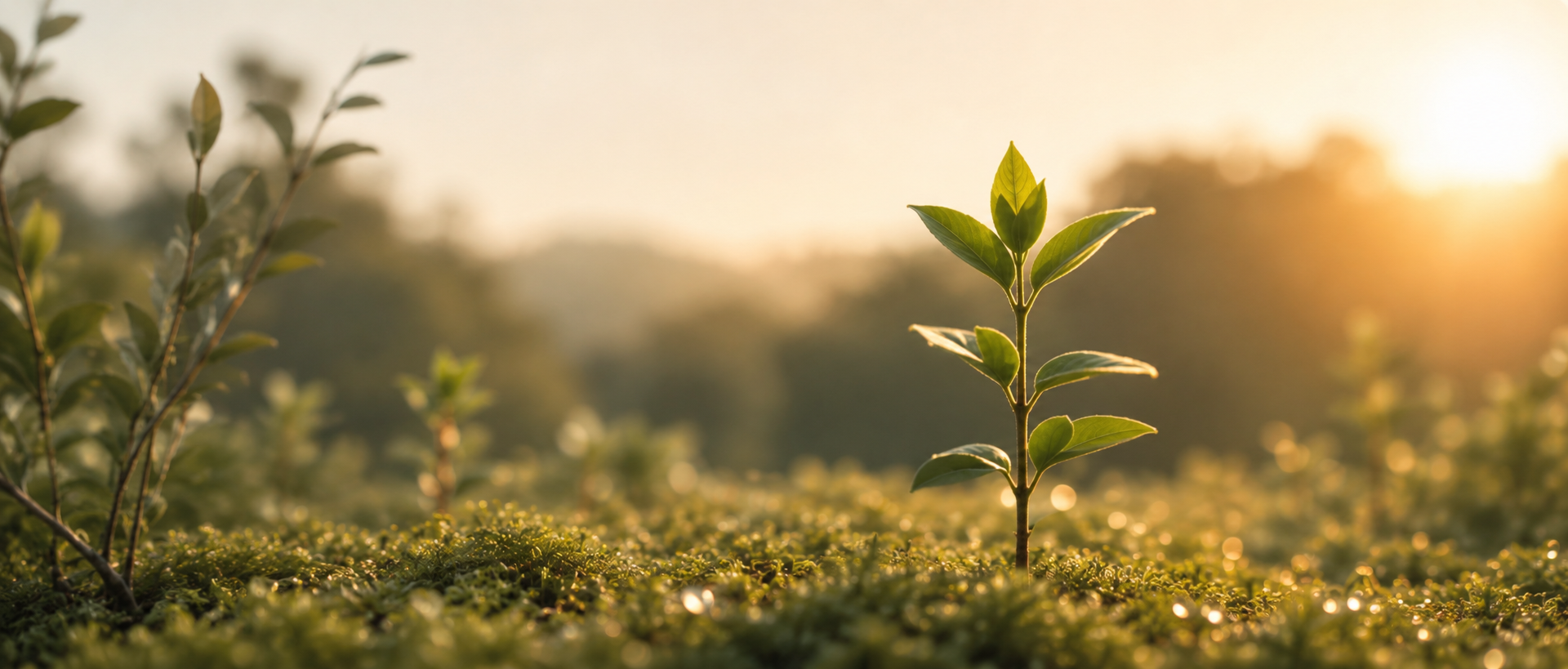 Groene plantje in de zon met dawnlicht, buiten, lente.