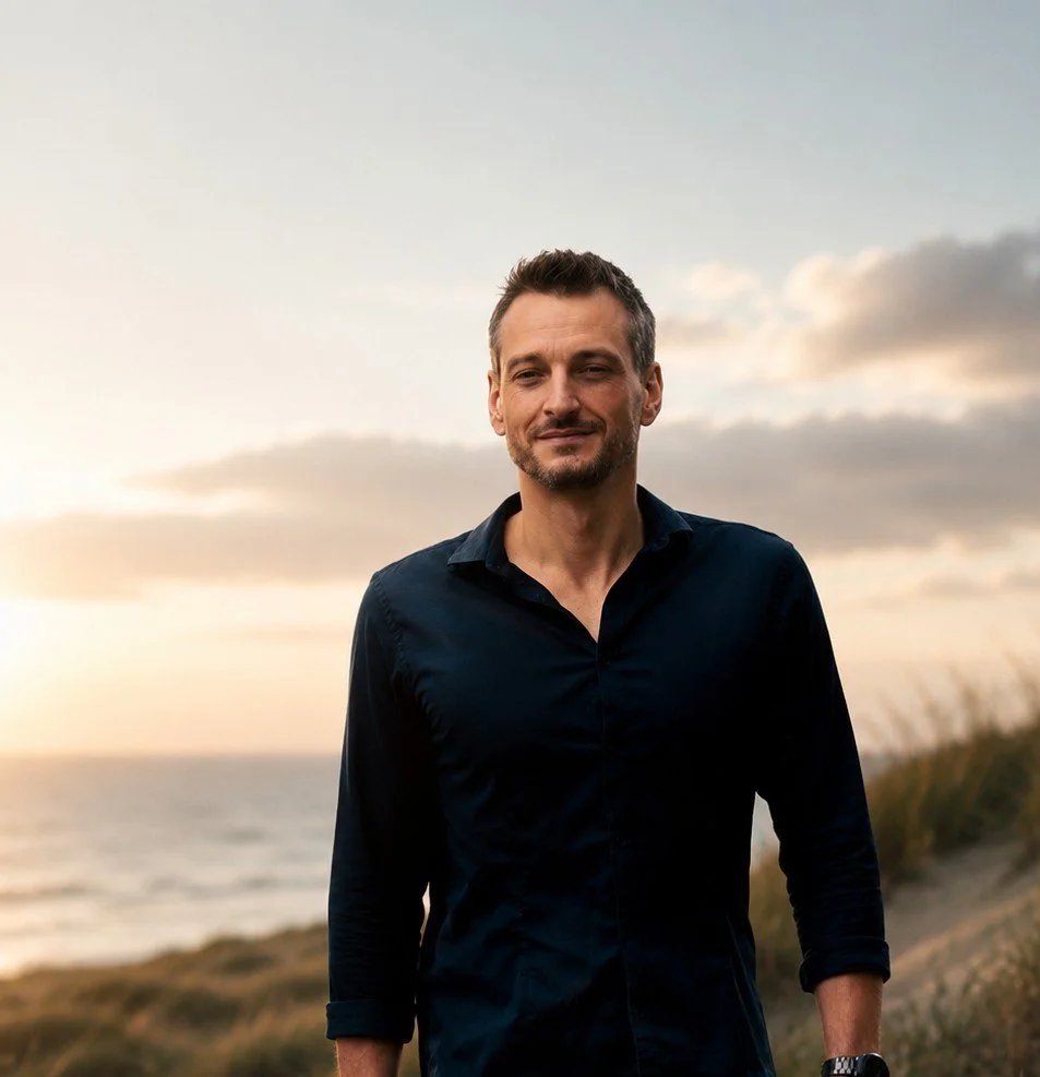 Een man op het strand tijdens zonsondergang, met zee en wolken op de achtergrond.