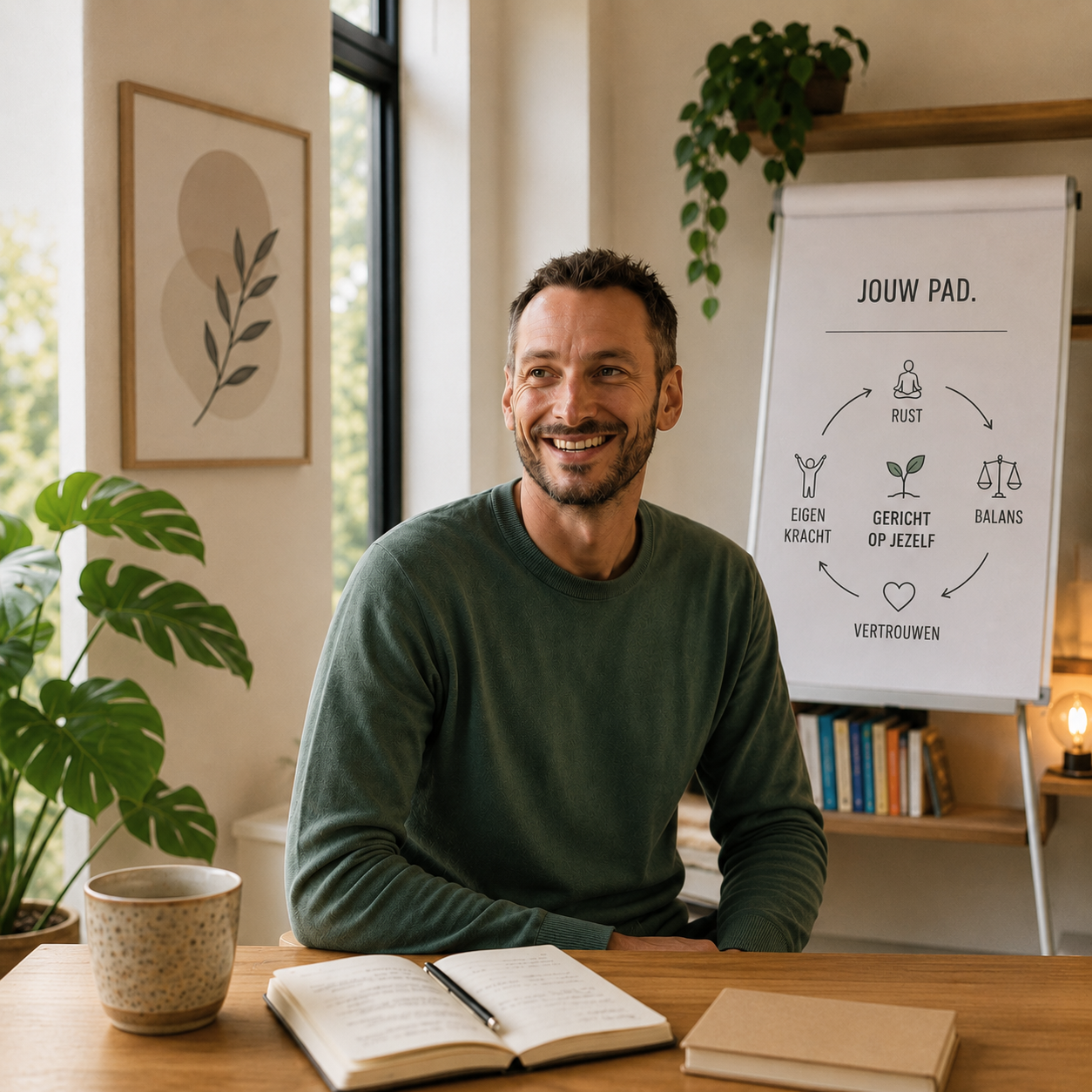 Man zit aan een tafel met een open boek en een potplant op de achtergrond. Op een whiteboard staat een cirkel met woorden over zelfzorg en rust, zoals "Jouw pad", "Gericht op jezelf", en "Balans".