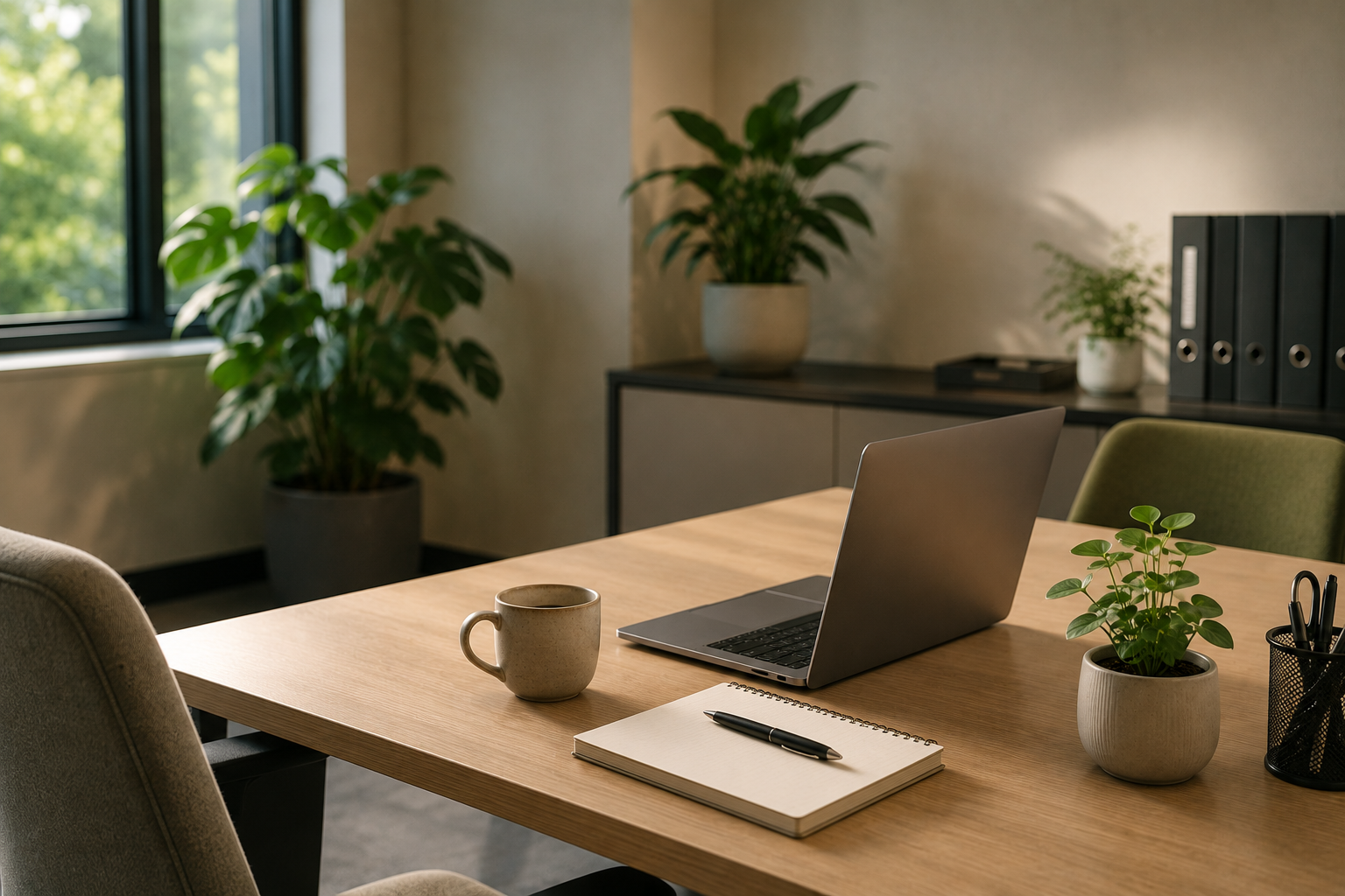 Kantoorstoel, bureau met laptop, notitieboekje, pen, beker, planten en opbergreking