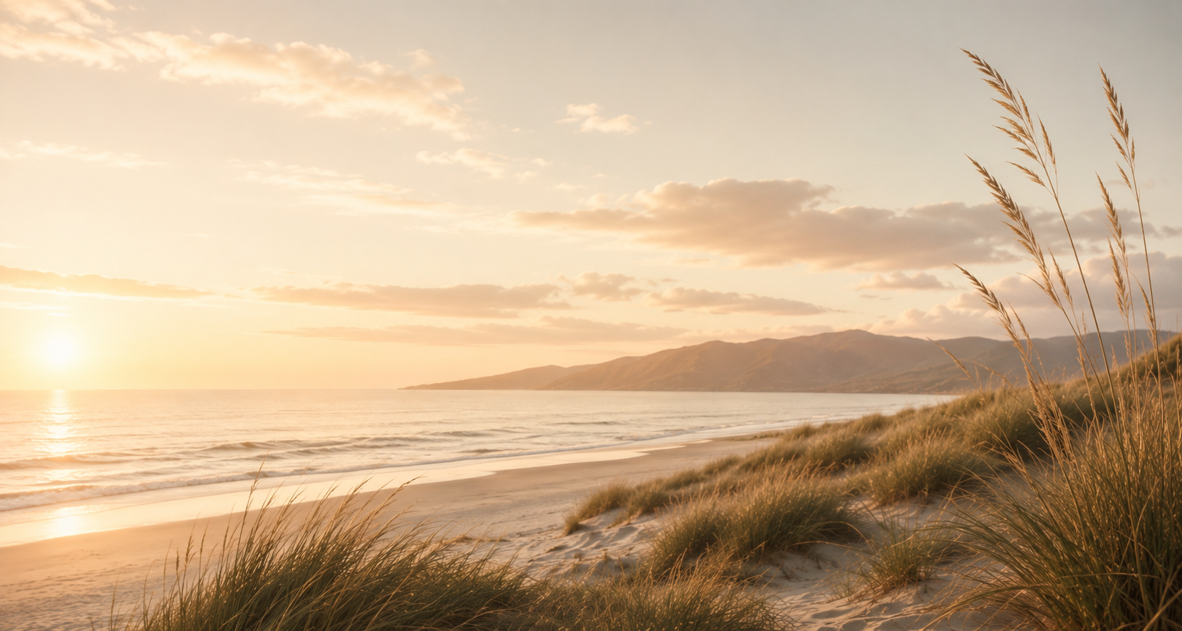 Een rustig strand bij zonsondergang met golven die op de zandkust rollen, omringd door duinen met gras en een heuvelachtig landschap op de achtergrond onder een partly bewolkte hemel.