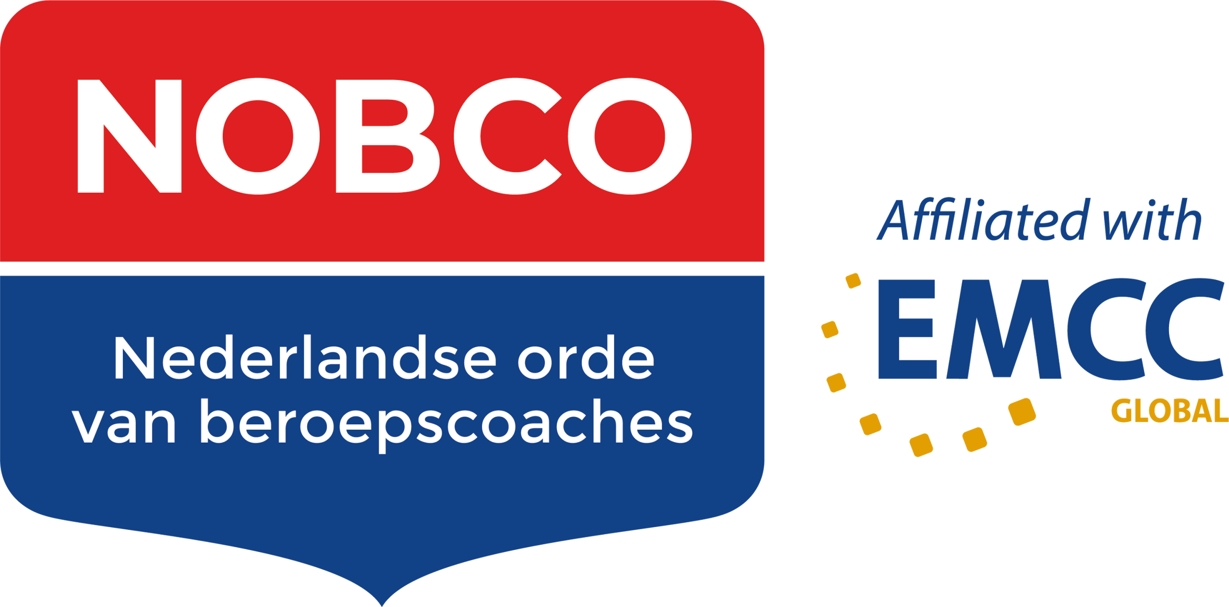 Logo van NOCO met de tekst 'Nederlandse orde van beroepscoaches' en een kleurrijk ontwerp met vormen en teksten over global coaching.