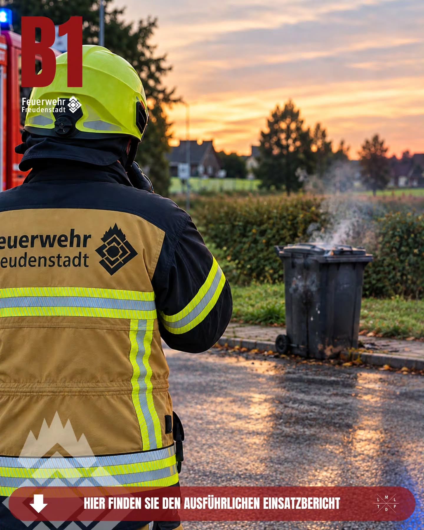 📟 Einsatz Nr. 173/2026

📟 B1 Brand M&uuml;lleimer
📆 09.10.2026, 12:16 Uhr 
📍 Freudenstadt, Lossburger Stra&szlig;e 
🚨 Abteilung Freudenstadt
🚒 HLF 1/46

ℹ️ Am Freitag um die Mittagszeit wurde die Kleineinsatzgruppe zu einem brennenden M&uuml;ll