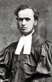 Black and white portrait of a man in historical clothing, wearing a dark robe and a white collar