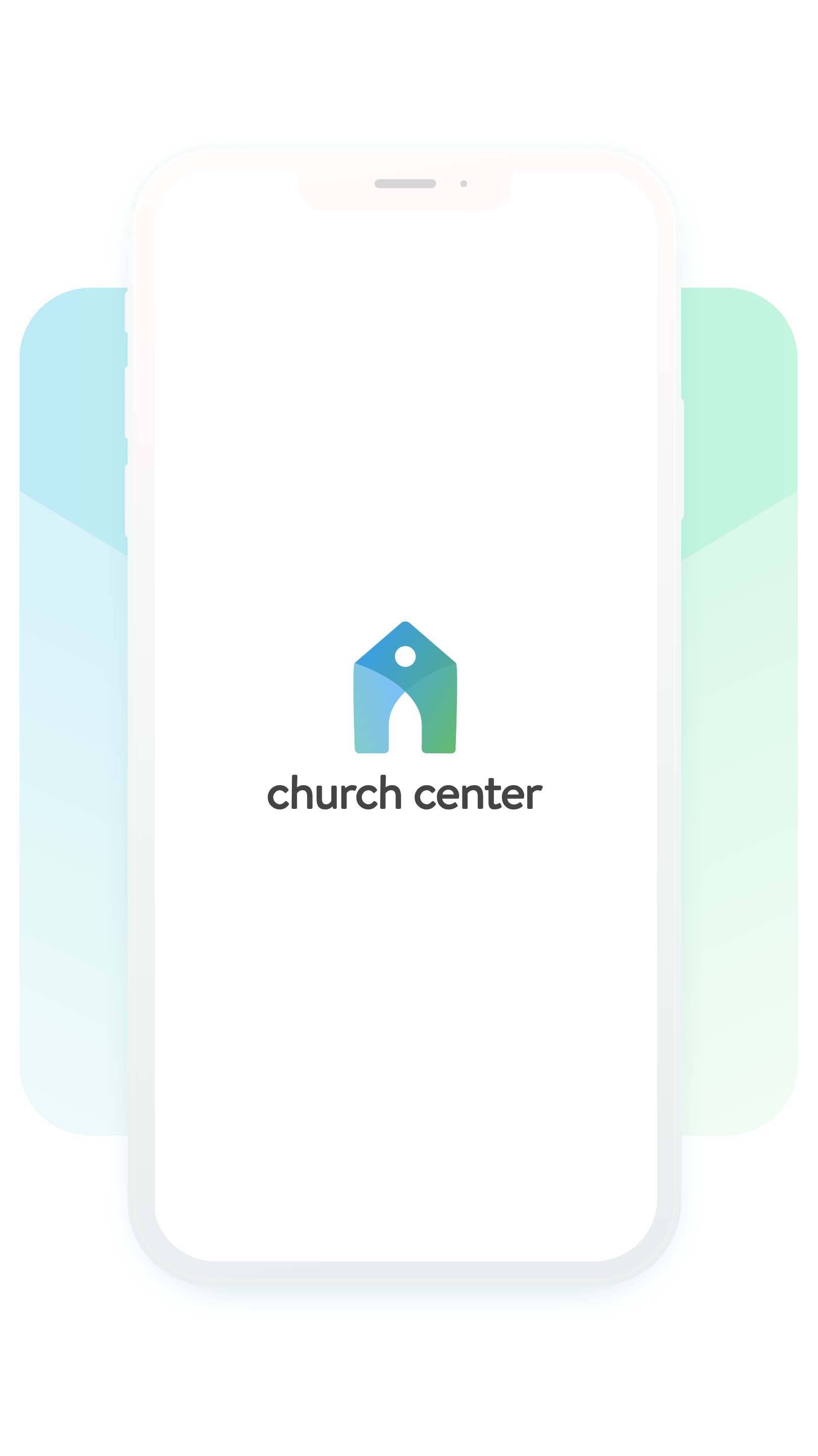 Smartphone screen displaying a logo for 'church center' with a stylized house icon in blue and green.