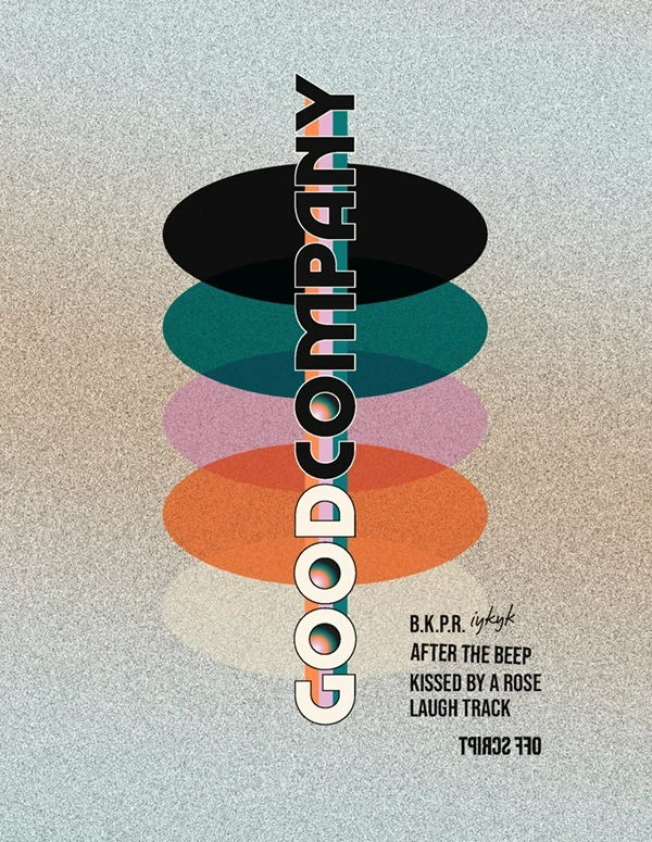 Graphic design with seven layered, horizontal ovals in black, dark green, pink, orange, cream, and beige, with the word "GOODCOMPANY" vertically across them.