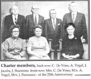 Black and white photograph of seven people, five men and two women, arranged in two rows. The back row has five men in suits, and the front row has two women in dresses.