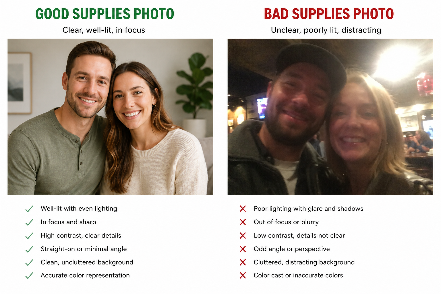 Comparison of good and bad photo qualities. On the left, a well-lit, sharp, high contrast, centered photo of a smiling couple with a clean background. On the right, a blurry, poorly lit, low contrast photo of a smiling couple in a dim, noisy environment.