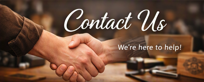Two people shaking hands over a wooden table, with text that says 'Contact Us' and 'We're here to help!'