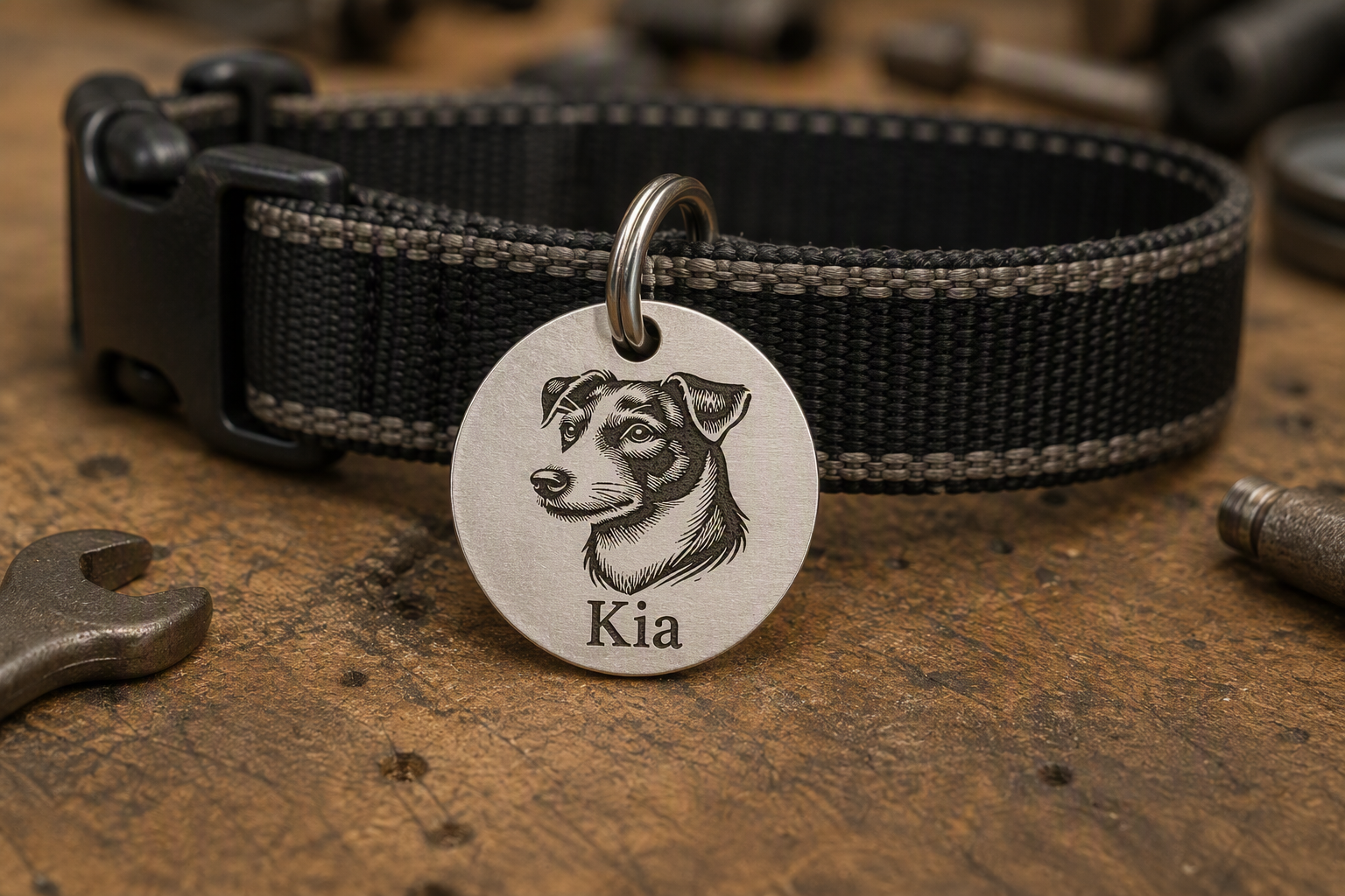 Personalised Stainless Steel Round Dog ID Tag with Engraved Dog Head Design