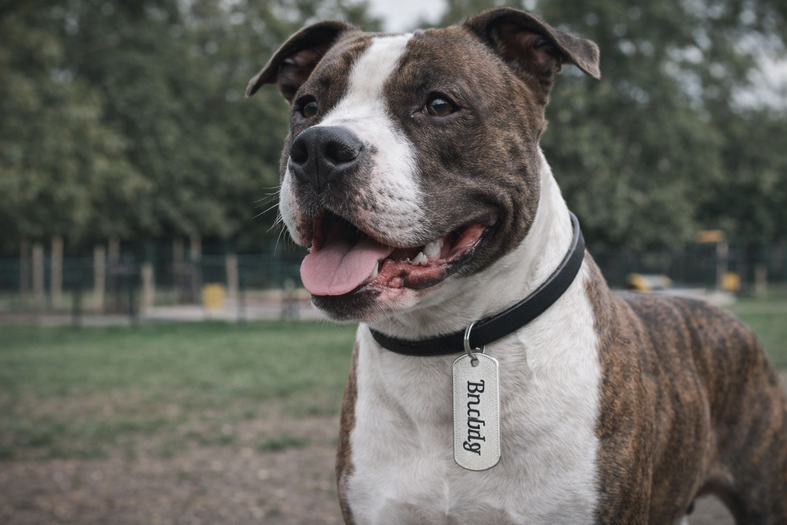 A happy brindle and white dog with a black collar and a metal tag in an outdoor park.