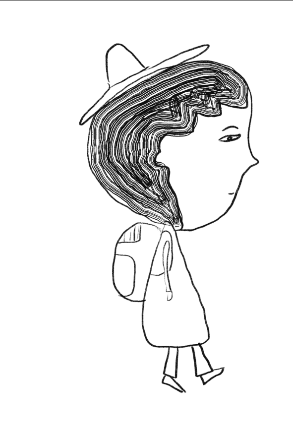 A line drawing of a girl with a large head, short wavy hair, and a backpack, wearing a hat and shoes, walking to the right.