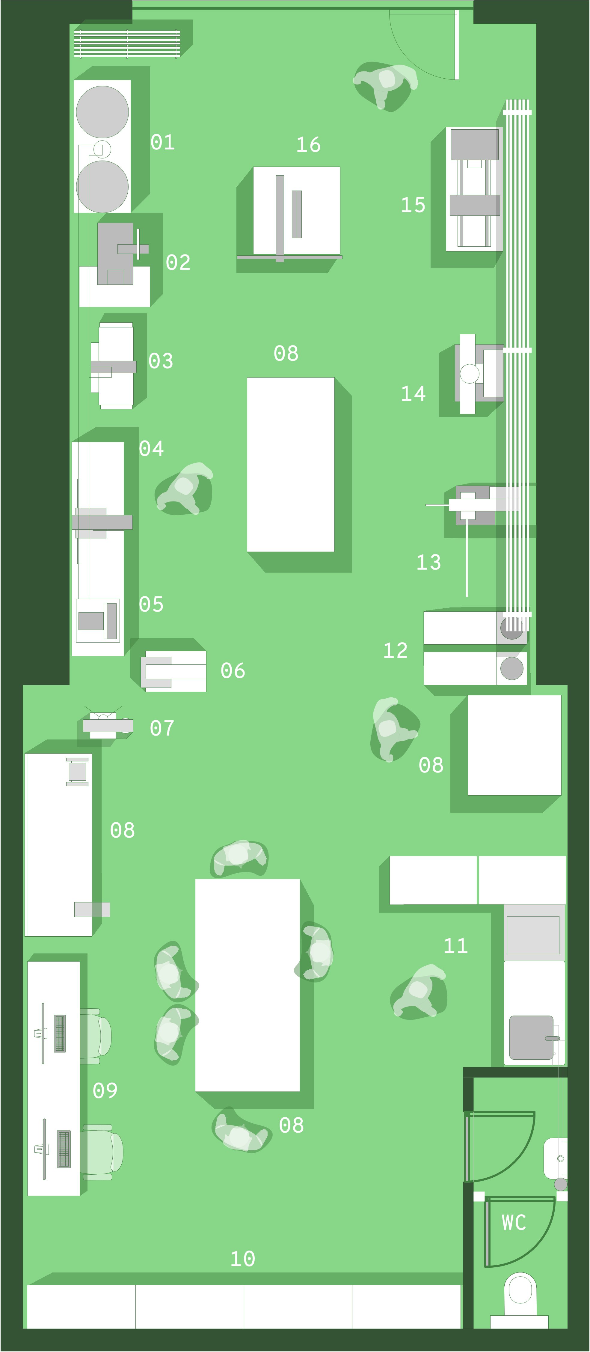 Floor plan of an office with various rooms and furniture, including chairs, desks, and storage units, labeled with numbers.