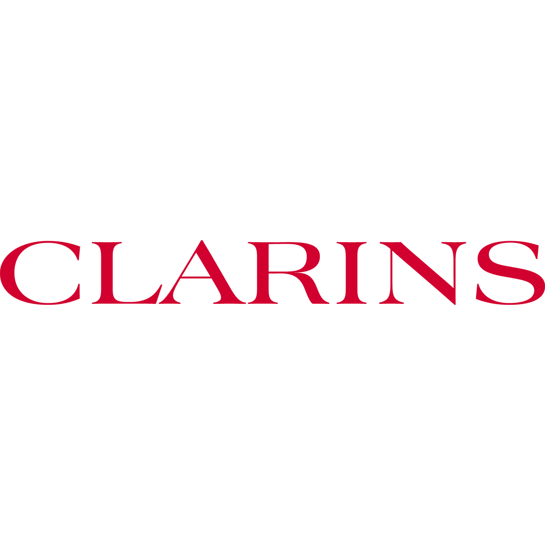 The Clarins logo with a black flower and the word 'Clarins' in red font.