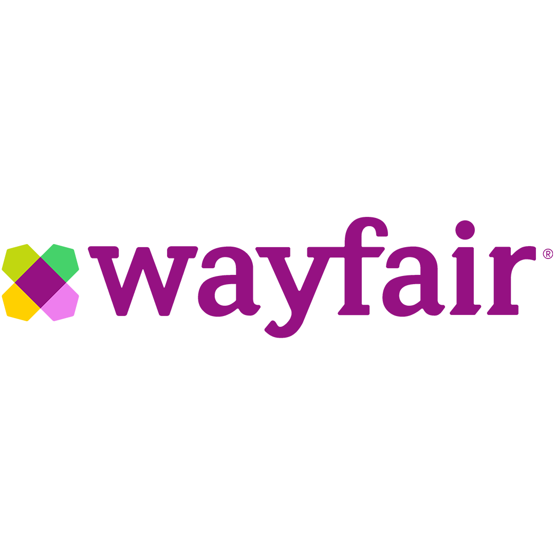Wayfair logo with colorful geometric icon and purple text.