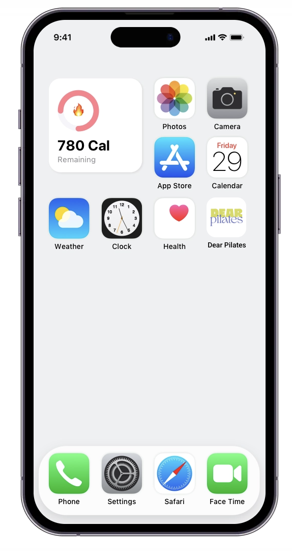 iPhone home screen displaying various app icons including Photos, Camera, App Store, Calendar, Weather, Clock, Health, Dear Pilates, and a calorie tracker at 780 calories remaining. The bottom dock shows Phone, Settings, Safari, and Face Time apps.