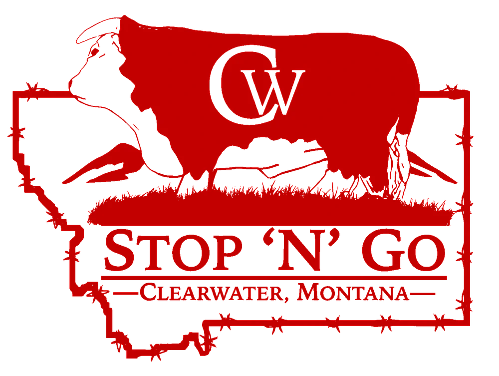 Red silhouette of a buffalo with a barbed wire border, a large 'CV' logo inside the buffalo, and the text 'STOP ’N GO, CLEARWATER, MONTANA' at the bottom.
