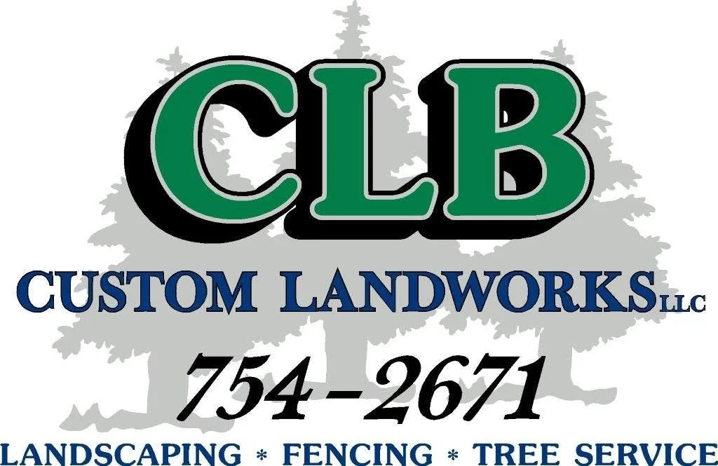 Logo for C.L.B. Custom Landworks LLC featuring a large tree silhouette in the background with the company name and contact number overlaid, indicating services like landscaping, fencing, and tree service.