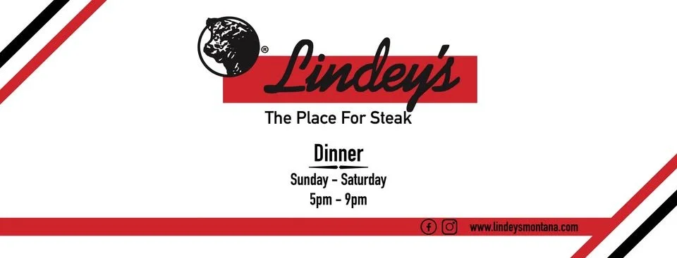 Lindey's restaurant advertisement featuring the logo with a lion's head, text reading "Lindey's The Place For Steak," and dinner hours from 5 pm to 9 pm, Sunday through Saturday. Includes website and social media icons.