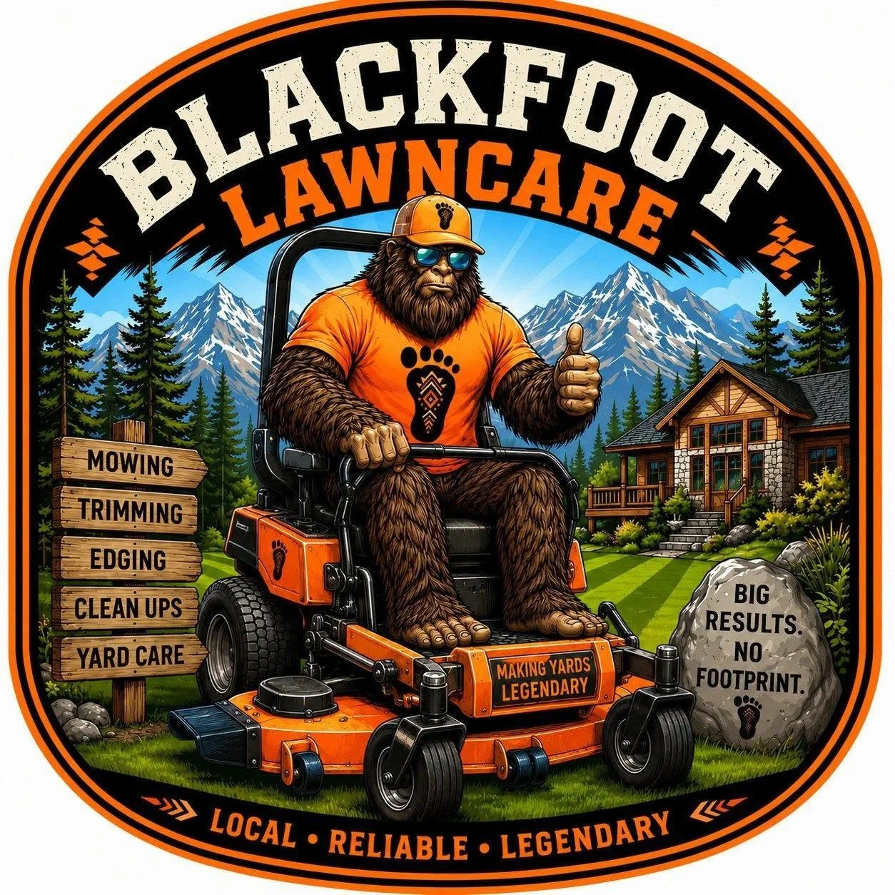 A digital illustration for Blackfoot Lawncare featuring a cartoon bear in a riding mower, wearing sunglasses, an orange cap, and an orange T-shirt with a black paw print logo. The background depicts mountains, pine trees, and a house, with wooden signboards listing services. The illustration includes text promoting the company's reliability, local service, and legendary yard work, along with the slogan "Big Results, No Footprint."