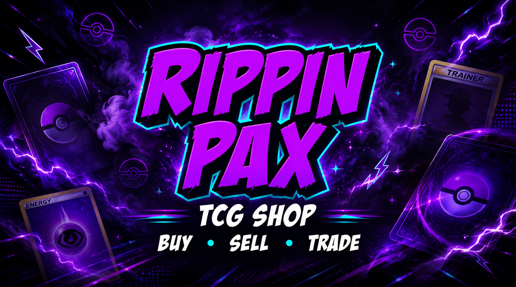 Digital artwork for Rippin Pax TCG Shop with purple lightning, Pokémon cards, and neon effects, offering buy, sell, and trade services.