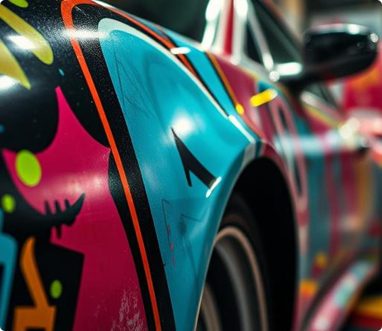 Close-up of a car with vibrant, colorful graffiti-style paint design